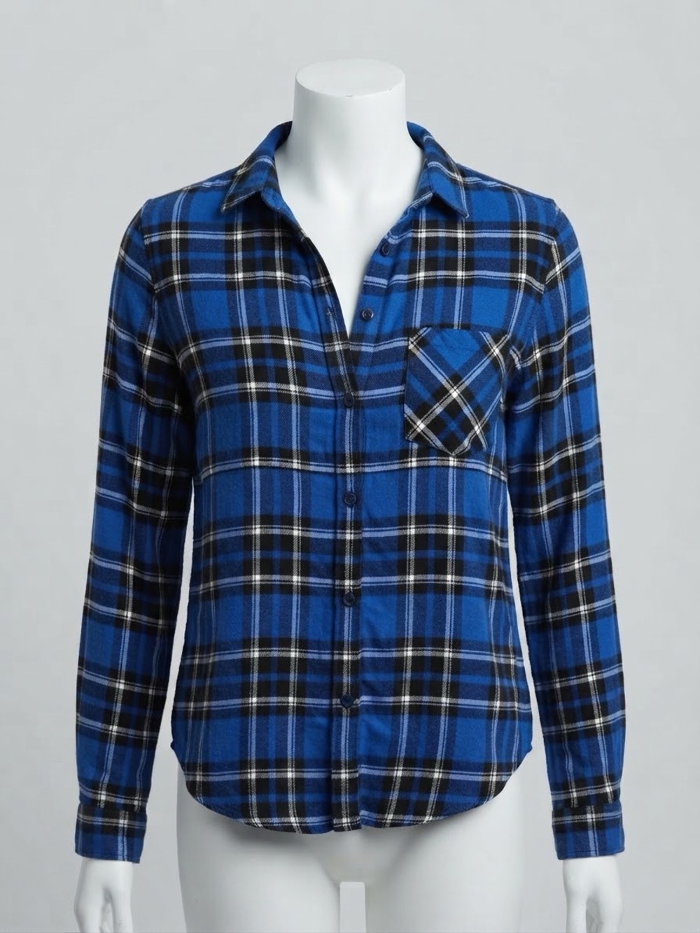 Women's Blue Plaid Button-Down Shirt with Chest Pocket